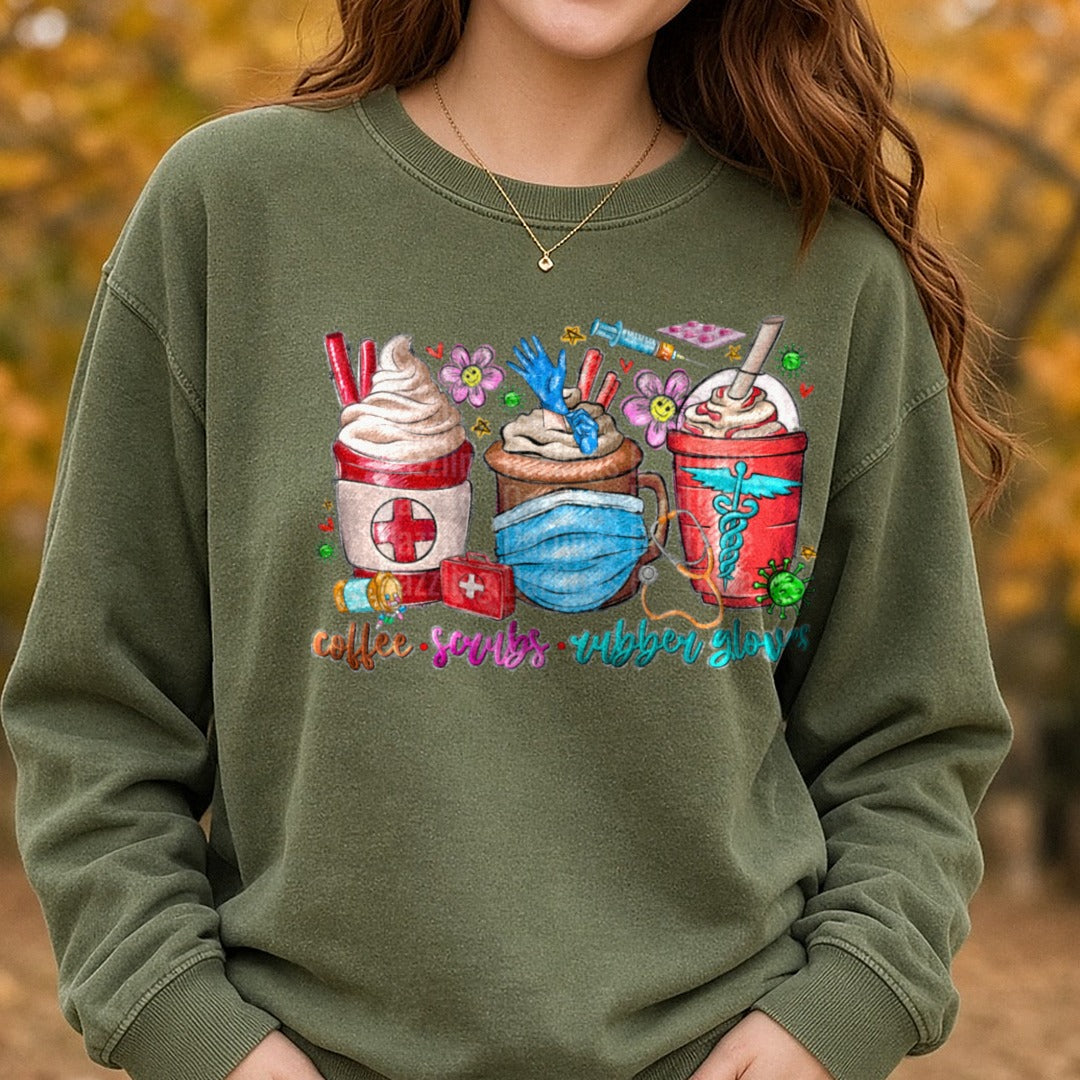 Nurse Coffee Scrubs Rubber Gloves DTF transfer shown on a Comfort Colors sweatshirt