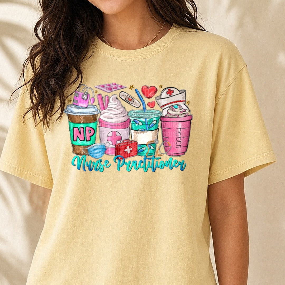 Nurse Practitioner DTF transfer shown on a Comfort Colors tee