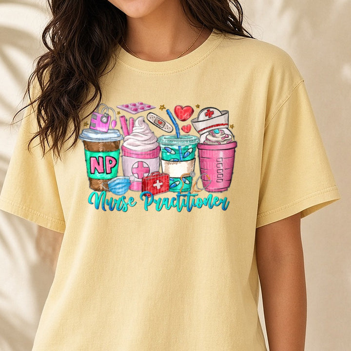 Nurse Practitioner DTF transfer shown on a Comfort Colors tee