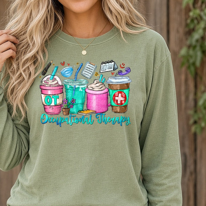 Occupational Therapy DTF transfer shown on a Comfort Colors long sleeve tee