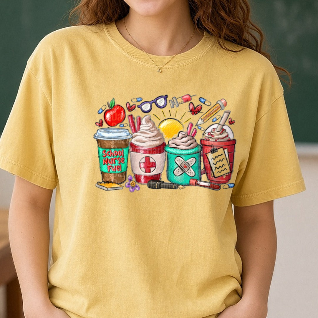 School Nurse Fuel DTF transfer shown on a Comfort Colors tee