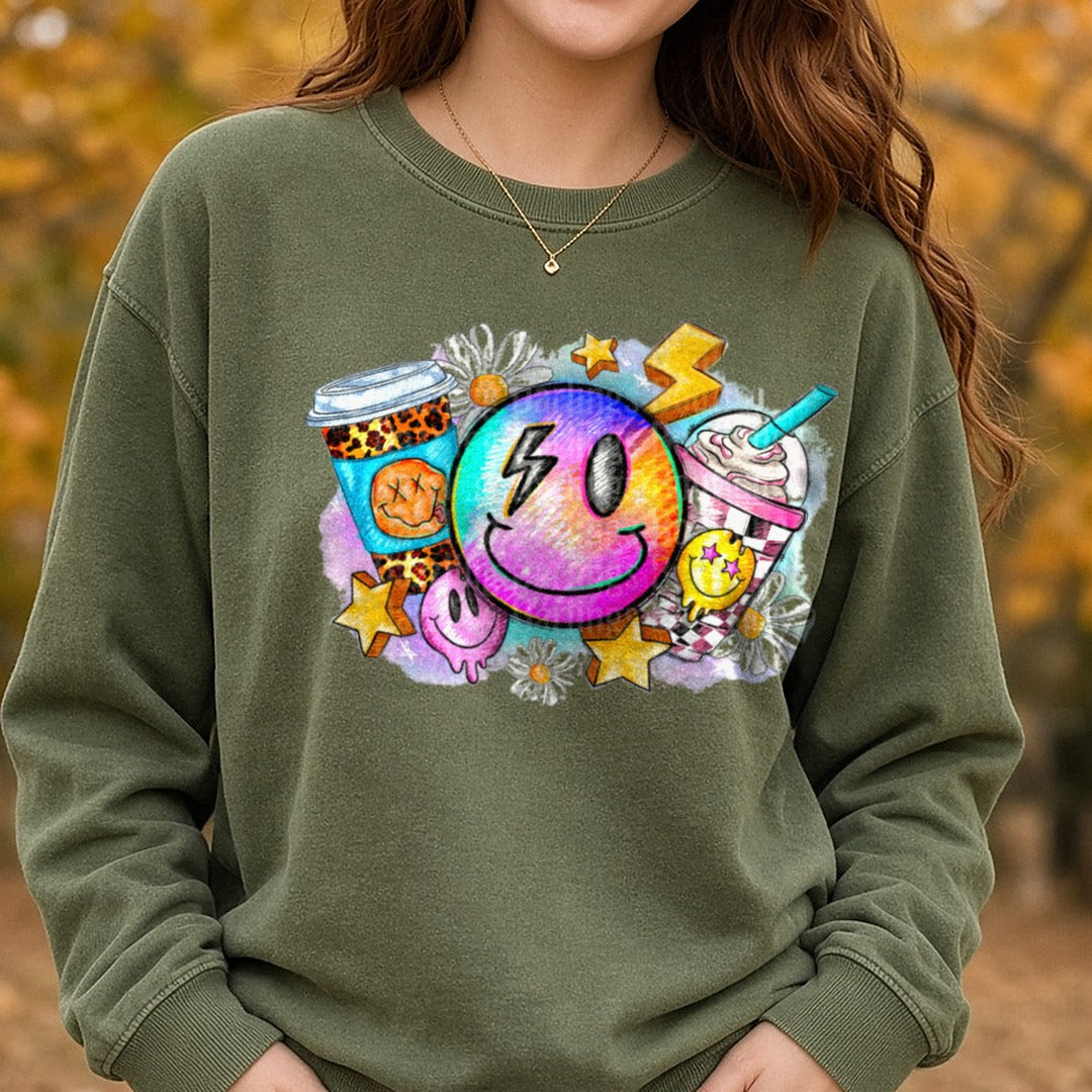 Smiley Face And Coffee DTF transfer shown on a Comfort Colors sweatshirt