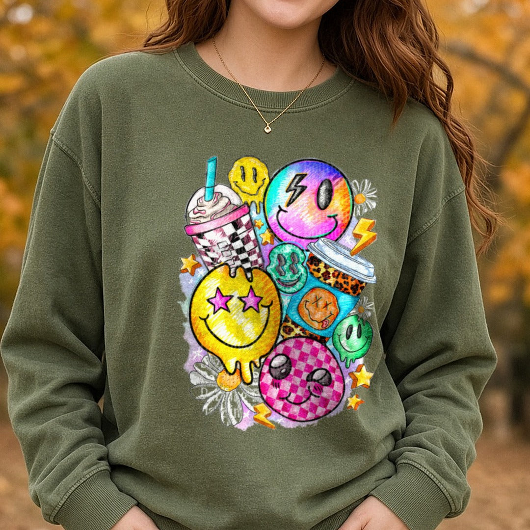 Smiley Face And Coffee Melting Smileys Star Eyes DTF transfer shown on a Comfort Colors sweatshirt