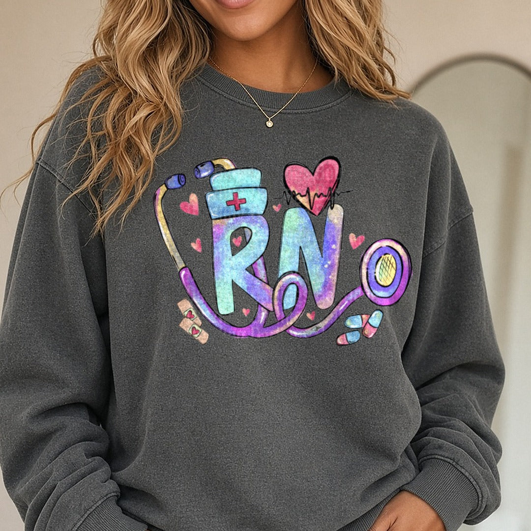 RN Registered Nurse DTF transfer shown on a Comfort Colors sweatshirt