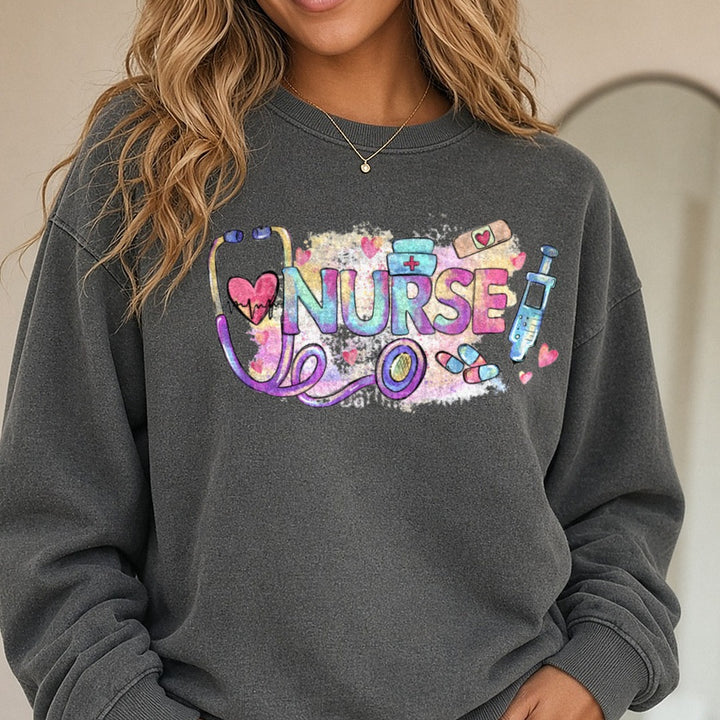 Nurse DTF transfer shown on a Comfort Colors sweatshirt