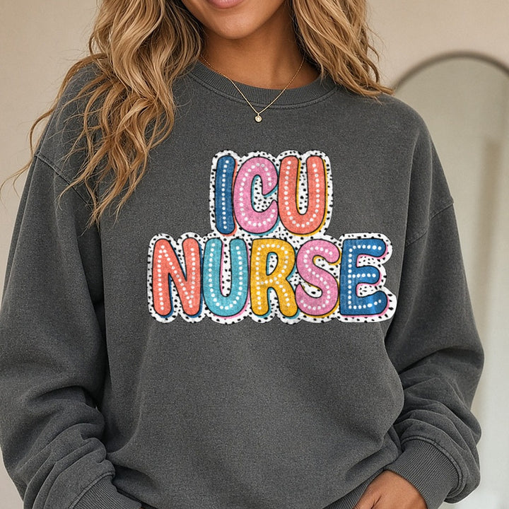 ICU Nurse DTF transfer shown on a Comfort Colors sweatshirt