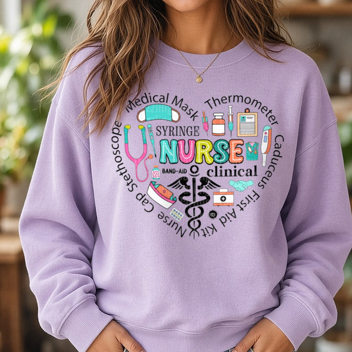 Nurse Clinical Heart DTF transfer shown on a Comfort Colors sweatshirt
