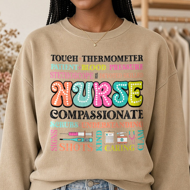 Nurse Typography DTF transfer shown on a Comfort Colors sweatshirt