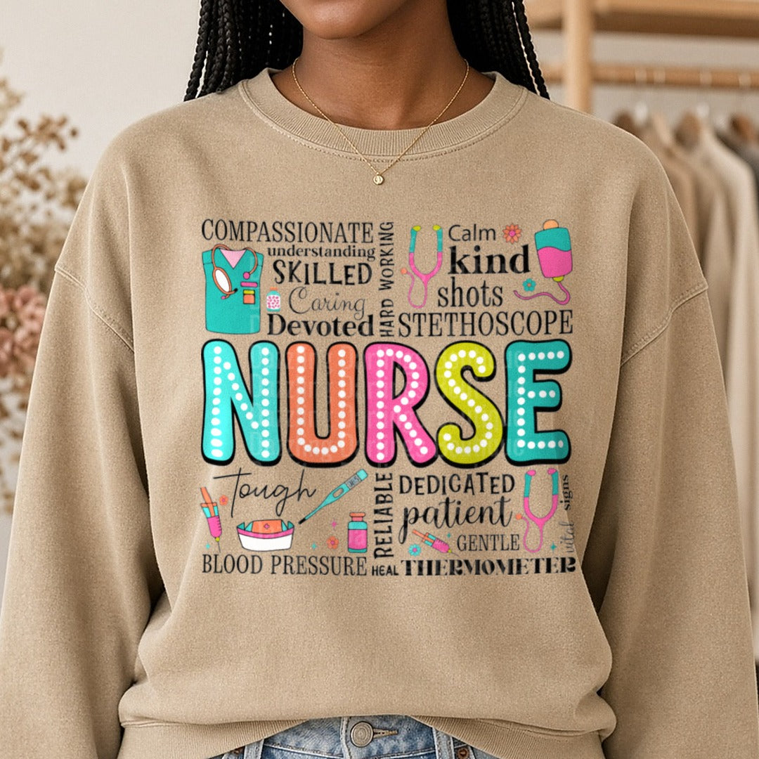 Nurse Typography Marquee Letters Calm Kind Skilled DTF transfer shown on a Comfort Colors sweatshirt
