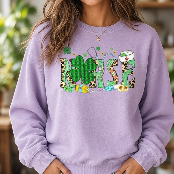 Nurse St. Patty's Day DTF transfer shown on a Comfort Colors sweatshirt