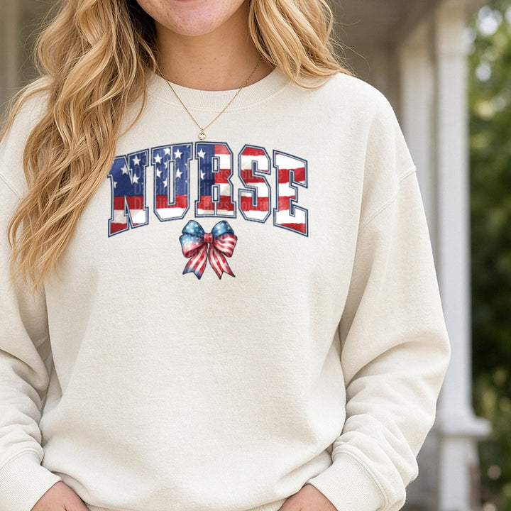 Nurse Patriotic July 4th DTF transfer shown on a Comfort Colors sweatshirt