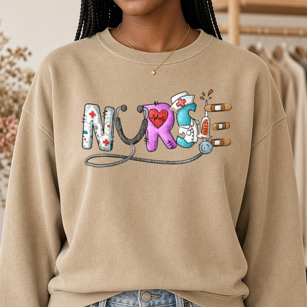 Nurse Bubble Letters DTF transfer shown on a Comfort Colors sweatshirt