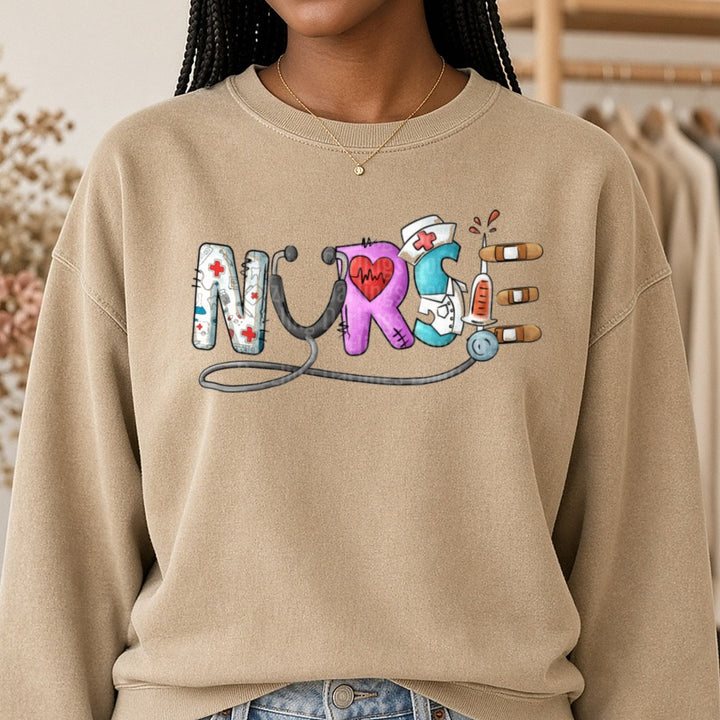 Nurse Bubble Letters DTF transfer shown on a Comfort Colors sweatshirt