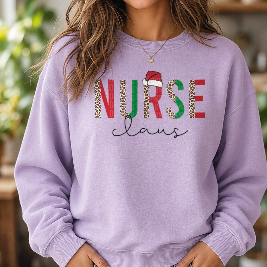 Nurse Claus Leopard DTF transfer shown on a Comfort Colors sweatshirt