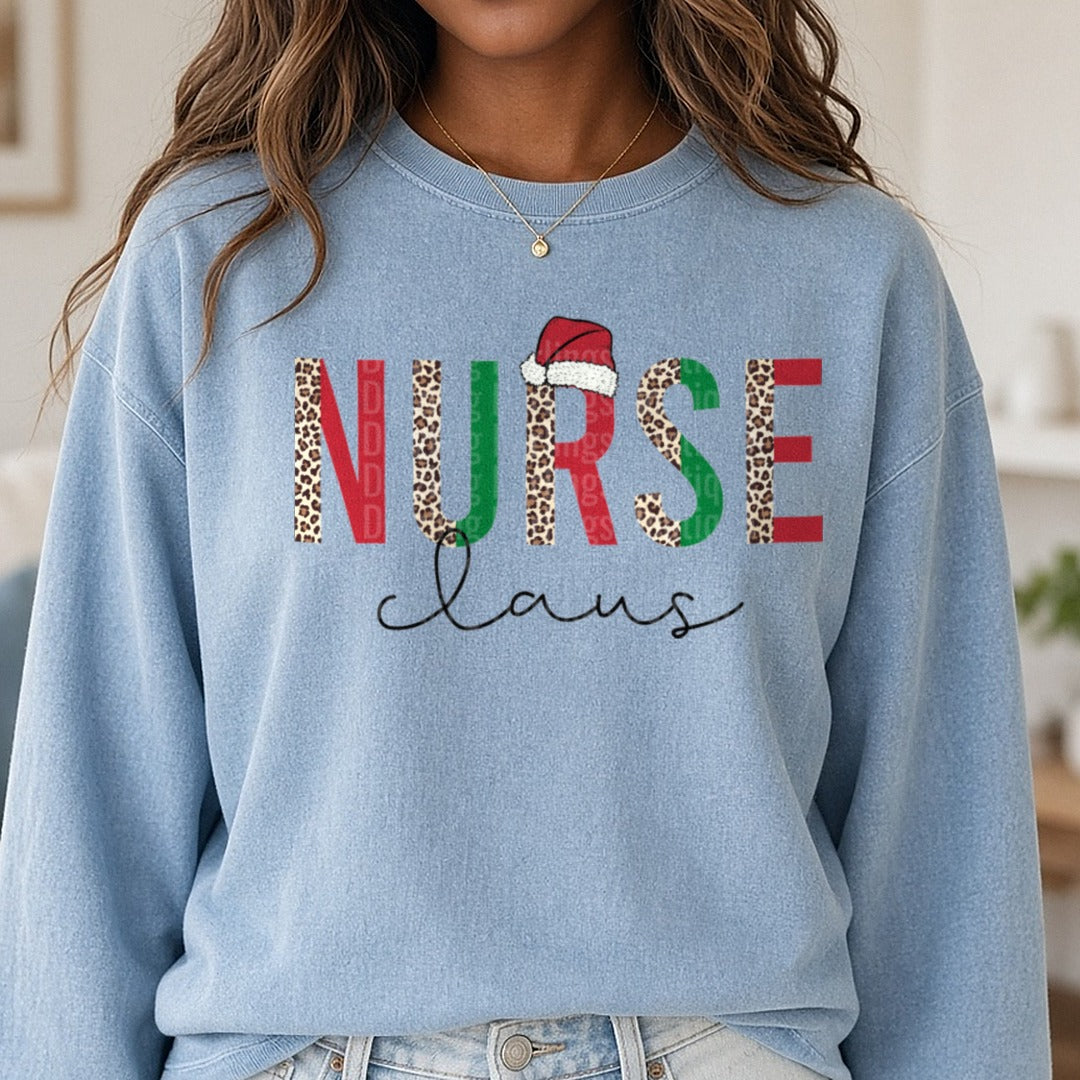 Nurse Claus Leopard Distressed DTF transfer shown on a Comfort Colors sweatshirt