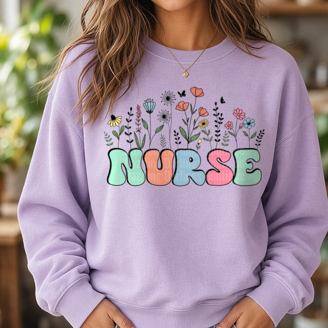 Nurse Flower DTF transfer shown on a Comfort Colors sweatshirt
