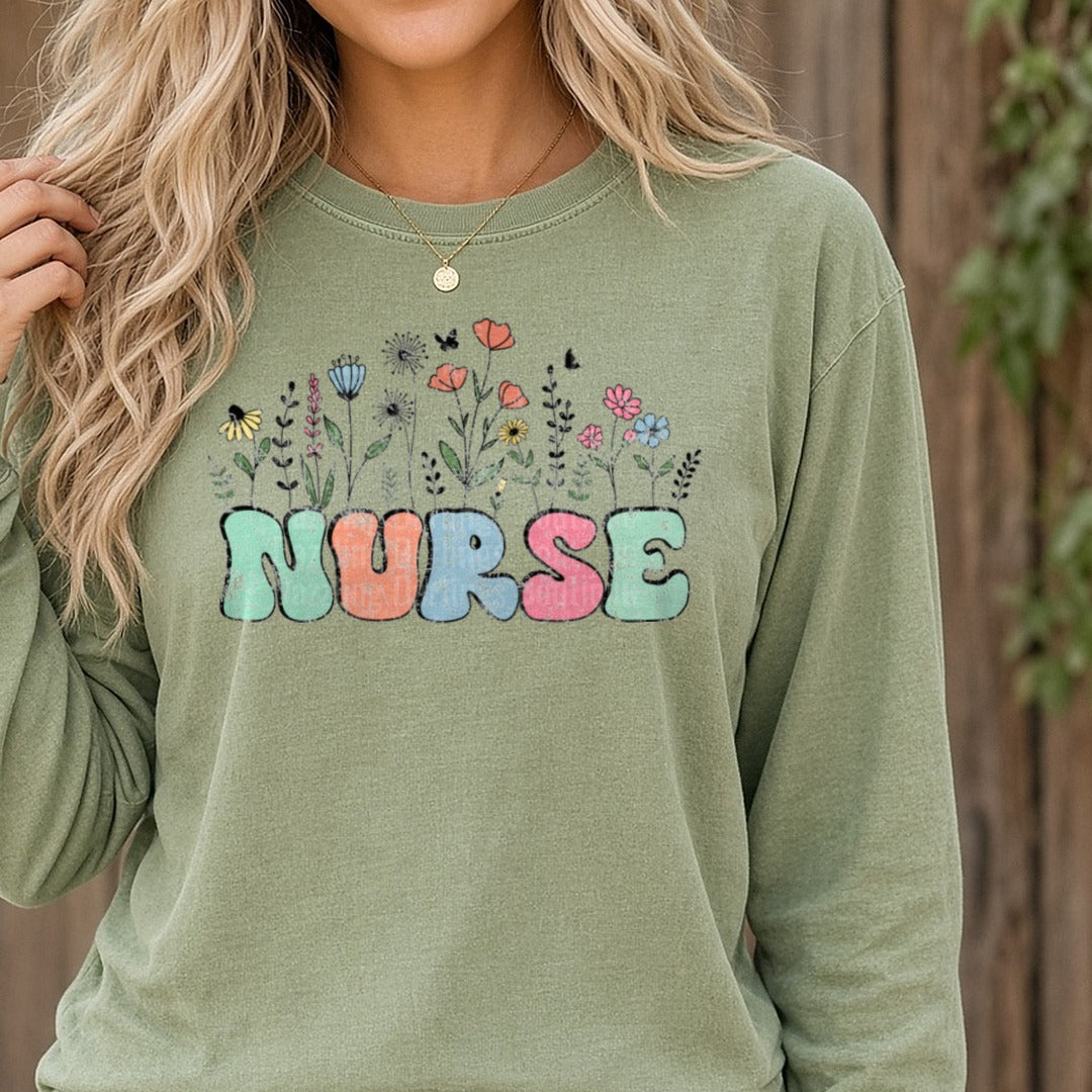 Nurse Flower-Retro DTF transfer shown on a Comfort Colors long sleeve tee