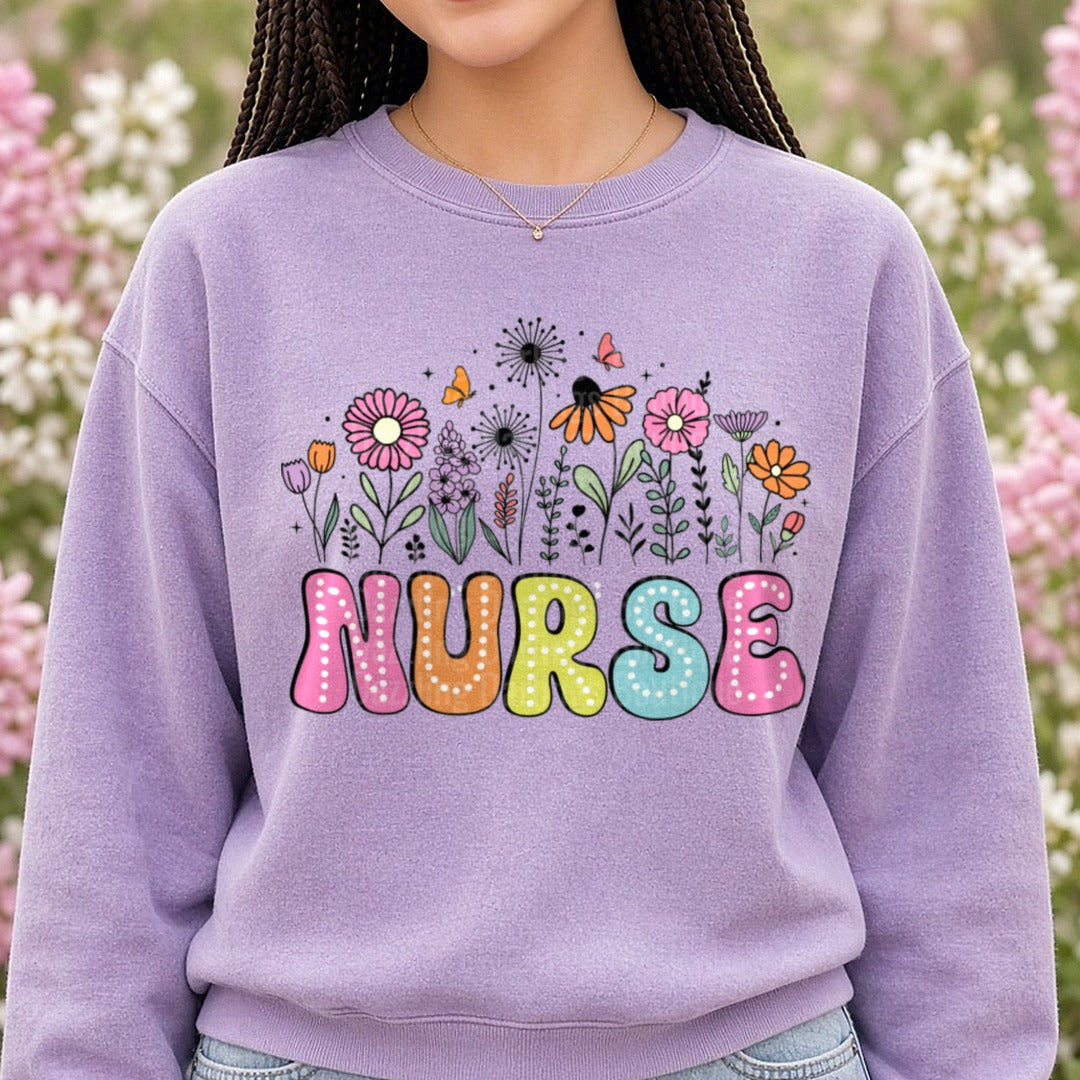 Nurse Floral Dots DTF transfer shown on a Comfort Colors sweatshirt