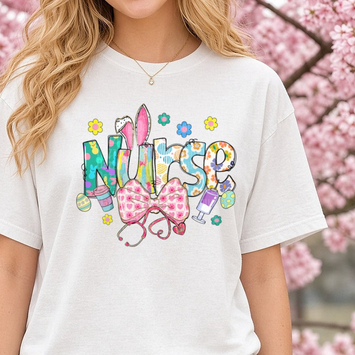 Easter Nurse DTF transfer shown on a Comfort Colors tee
