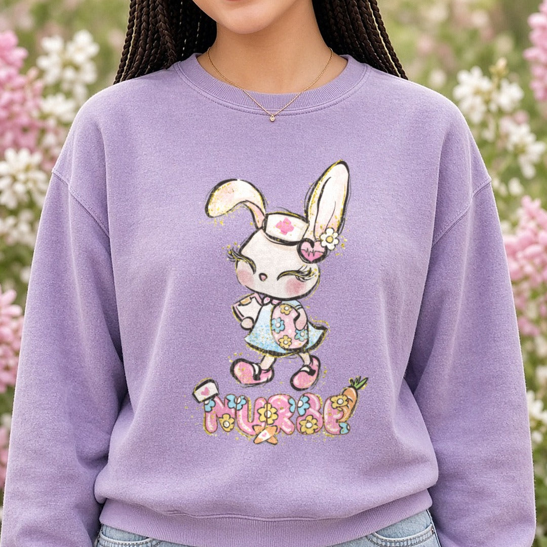 Cute Nurse Bunny DTF transfer shown on a Comfort Colors sweatshirt