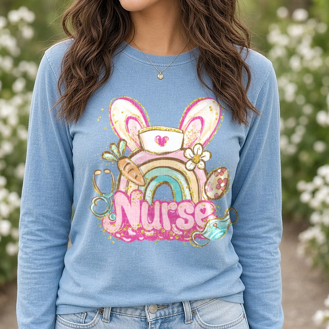 Nurse Bunny DTF transfer shown on a Comfort Colors long sleeve tee