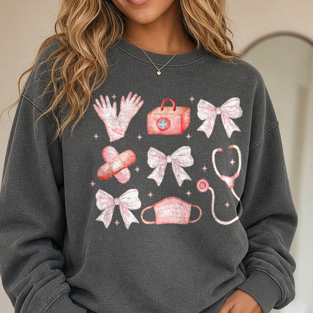 Coquette Nurse DTF transfer shown on a Comfort Colors sweatshirt