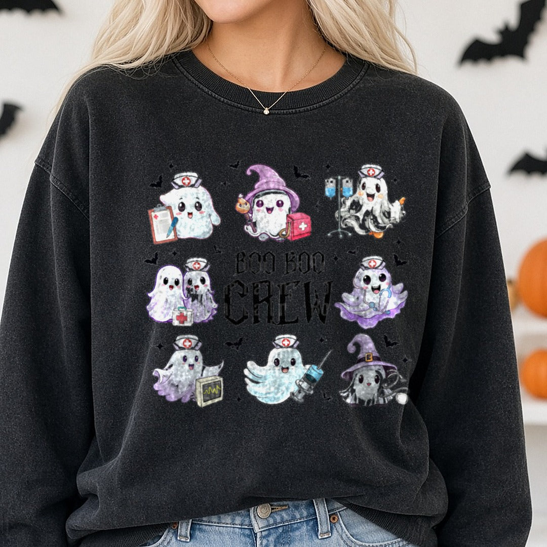 Nurse BOO BOO Crew DTF transfer shown on a Comfort Colors sweatshirt
