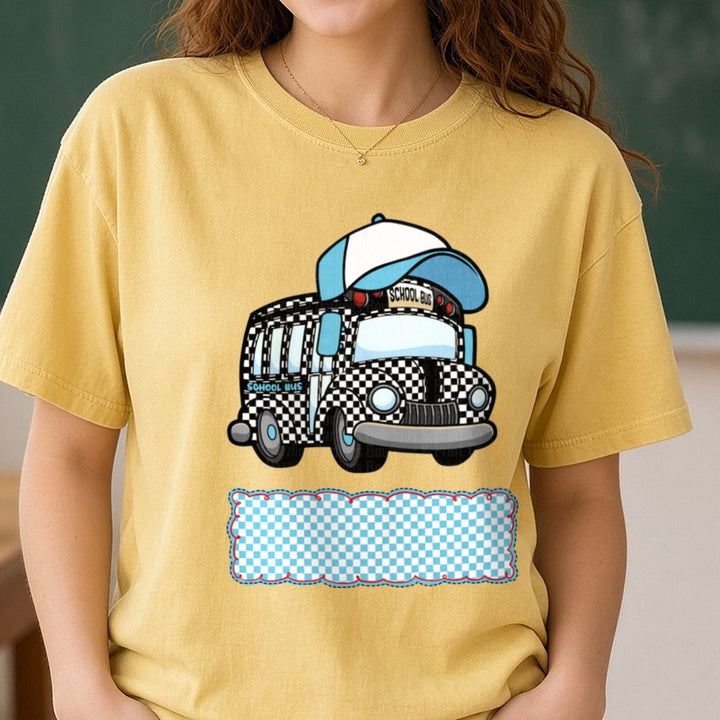 School Bus Boy Blue Checkered DTF transfer shown on a Comfort Colors tee