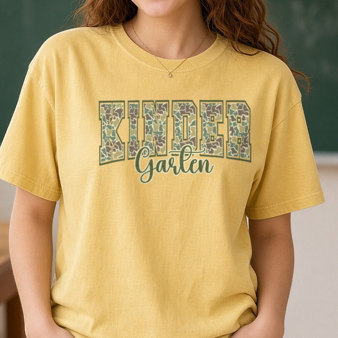 Kindergarten Camo DTF transfer shown on a Comfort Colors tee