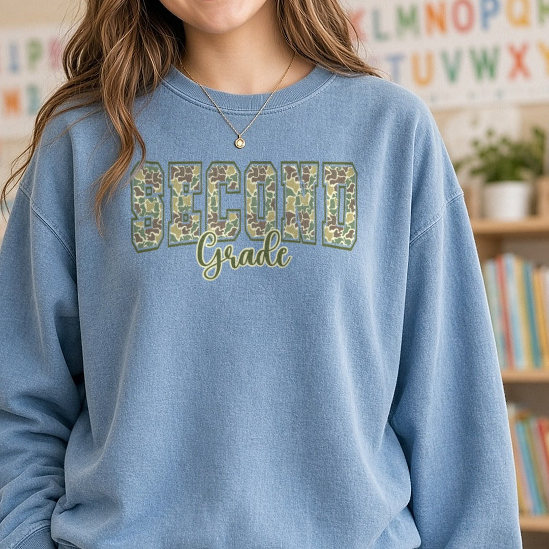 Second Grade Camo DTF transfer shown on a Comfort Colors sweatshirt