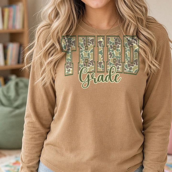 Third Grade Camo DTF transfer shown on a Comfort Colors long sleeve tee