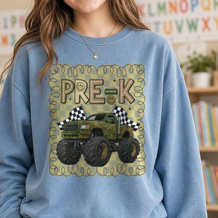 Pre-K Camo Fourwheeler DTF transfer shown on a Comfort Colors sweatshirt