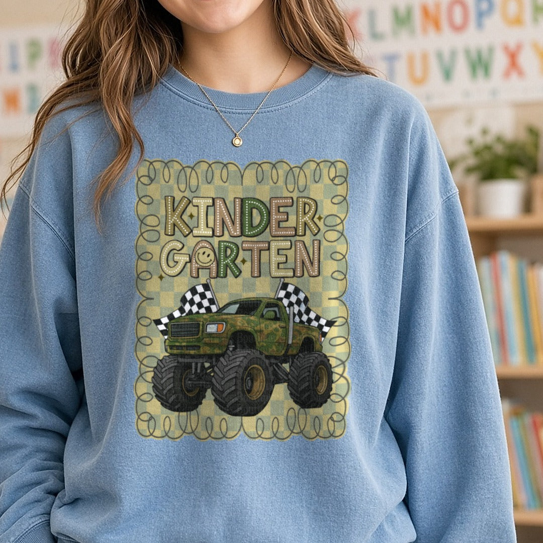 Kindergarten Camo Fourwheeler DTF transfer shown on a Comfort Colors sweatshirt