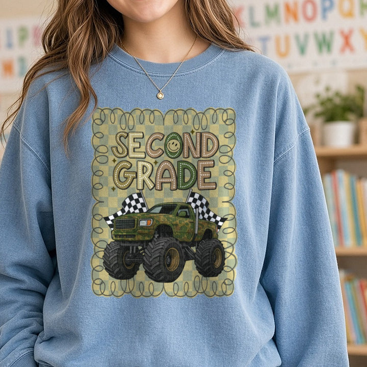 Second Grade Camo Fourwheeler DTF transfer shown on a Comfort Colors sweatshirt