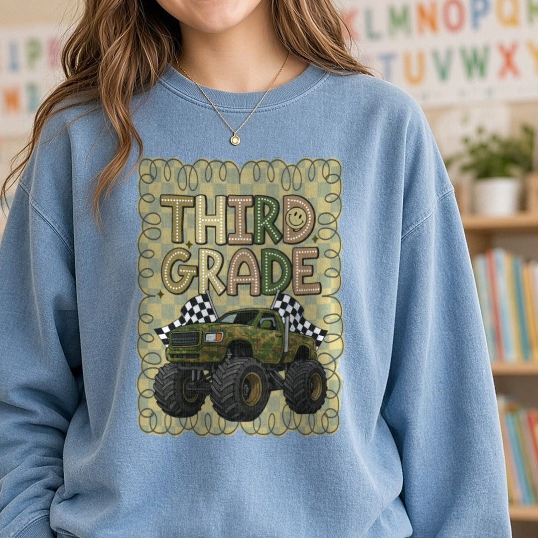 Third Grade Camo Fourwheeler DTF transfer shown on a Comfort Colors sweatshirt