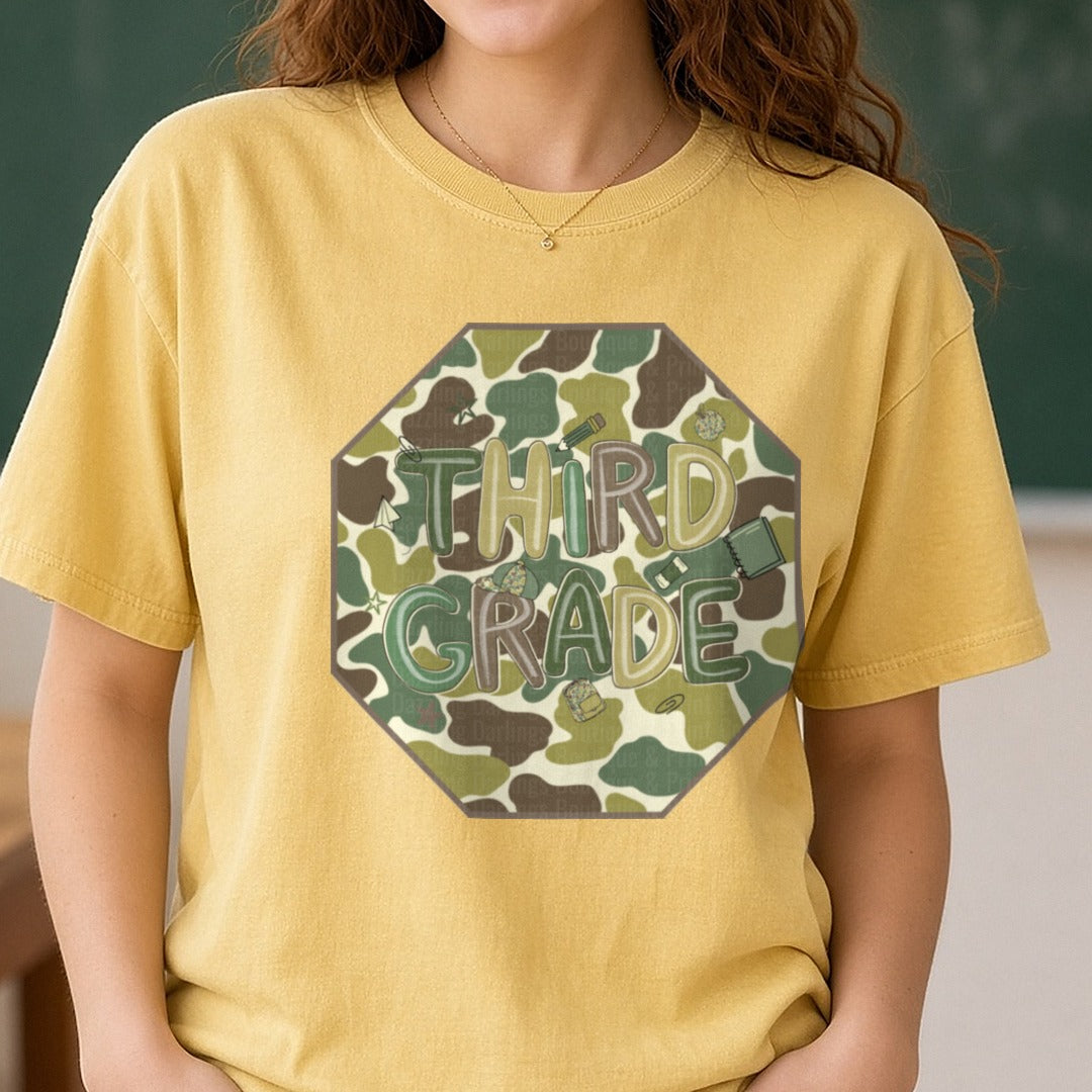 Third Grade Camo Octagon Duck Camo Background DTF transfer shown on a Comfort Colors tee
