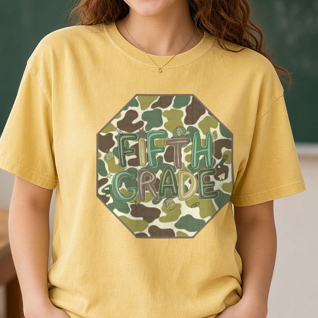 Firth Grade Camo DTF transfer shown on a Comfort Colors tee