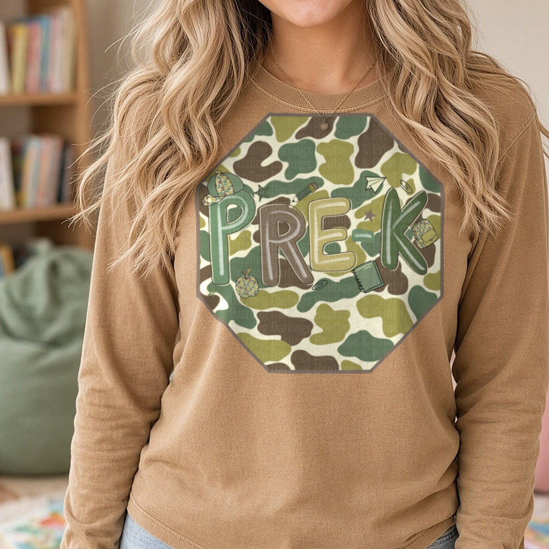 Pre-K Camo Octagon Duck Camo Background DTF transfer shown on a Comfort Colors long sleeve tee