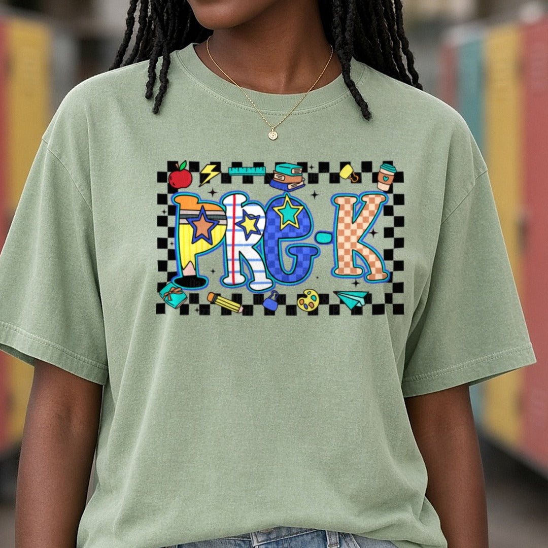 Pre-K Retro DTF transfer shown on a Comfort Colors tee