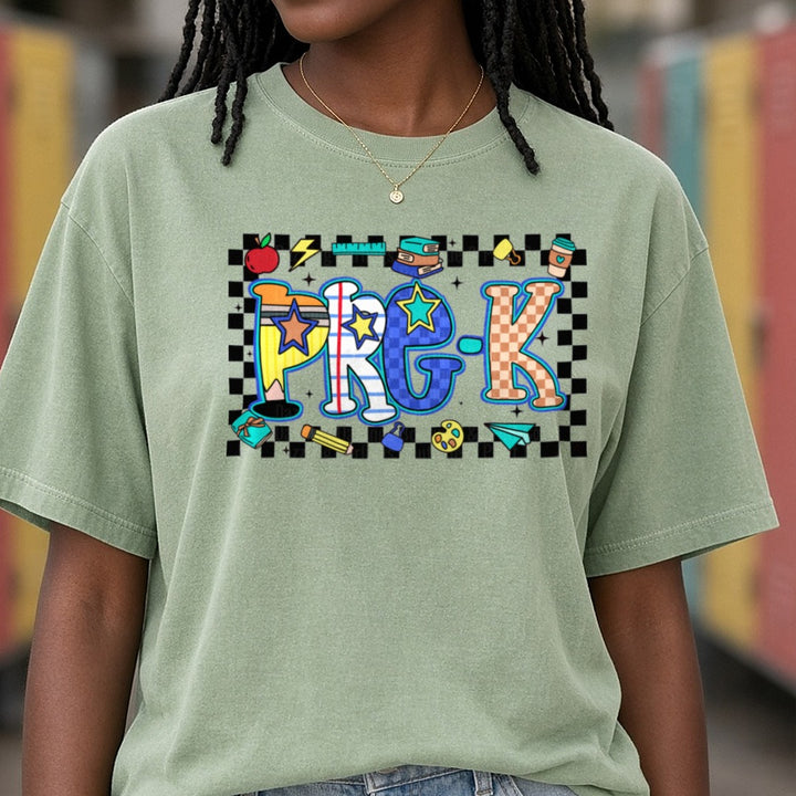 Pre-K Retro DTF transfer shown on a Comfort Colors tee
