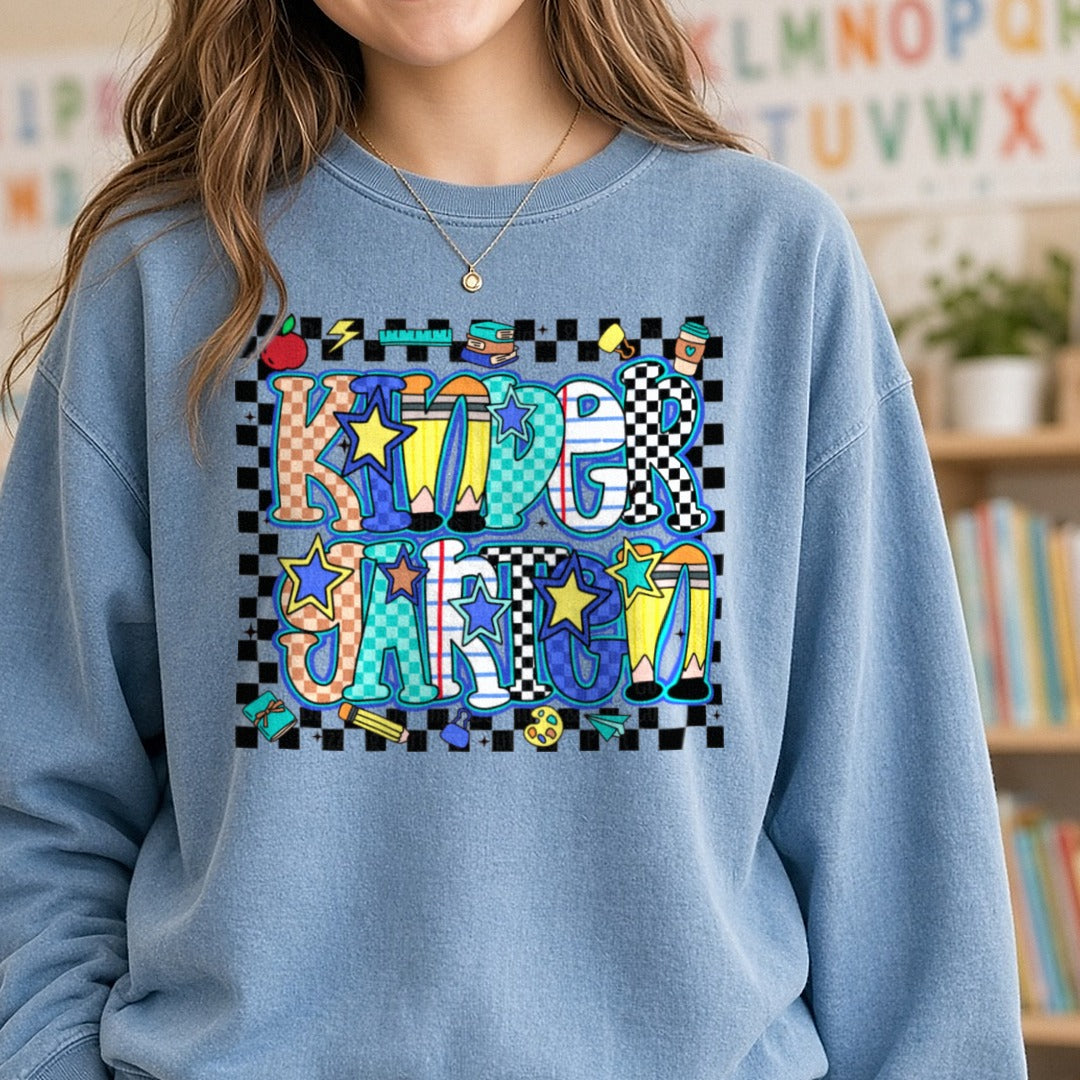 Kindergarten Retro DTF transfer shown on a Comfort Colors sweatshirt