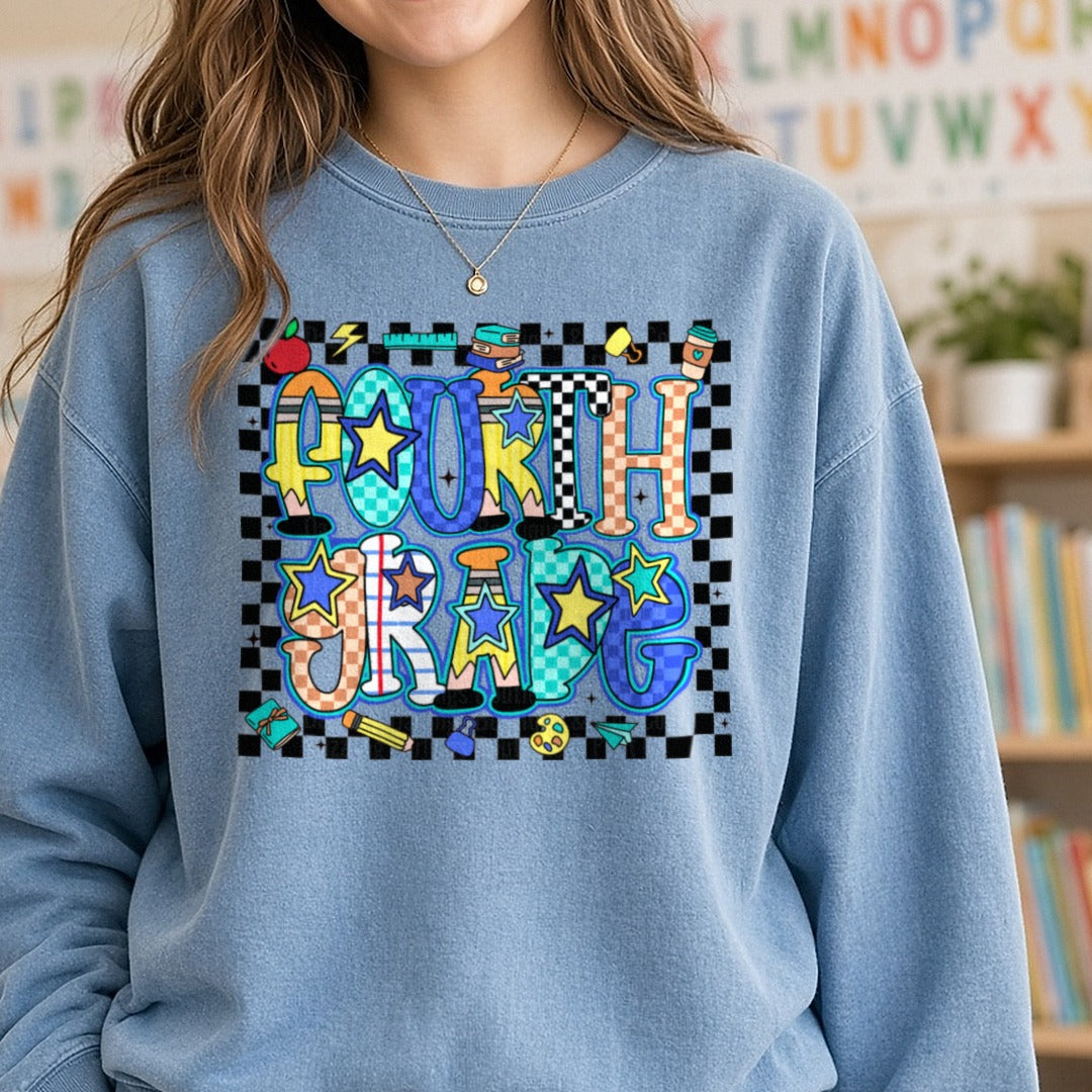 Fourth Grade Retro DTF transfer shown on a Comfort Colors sweatshirt