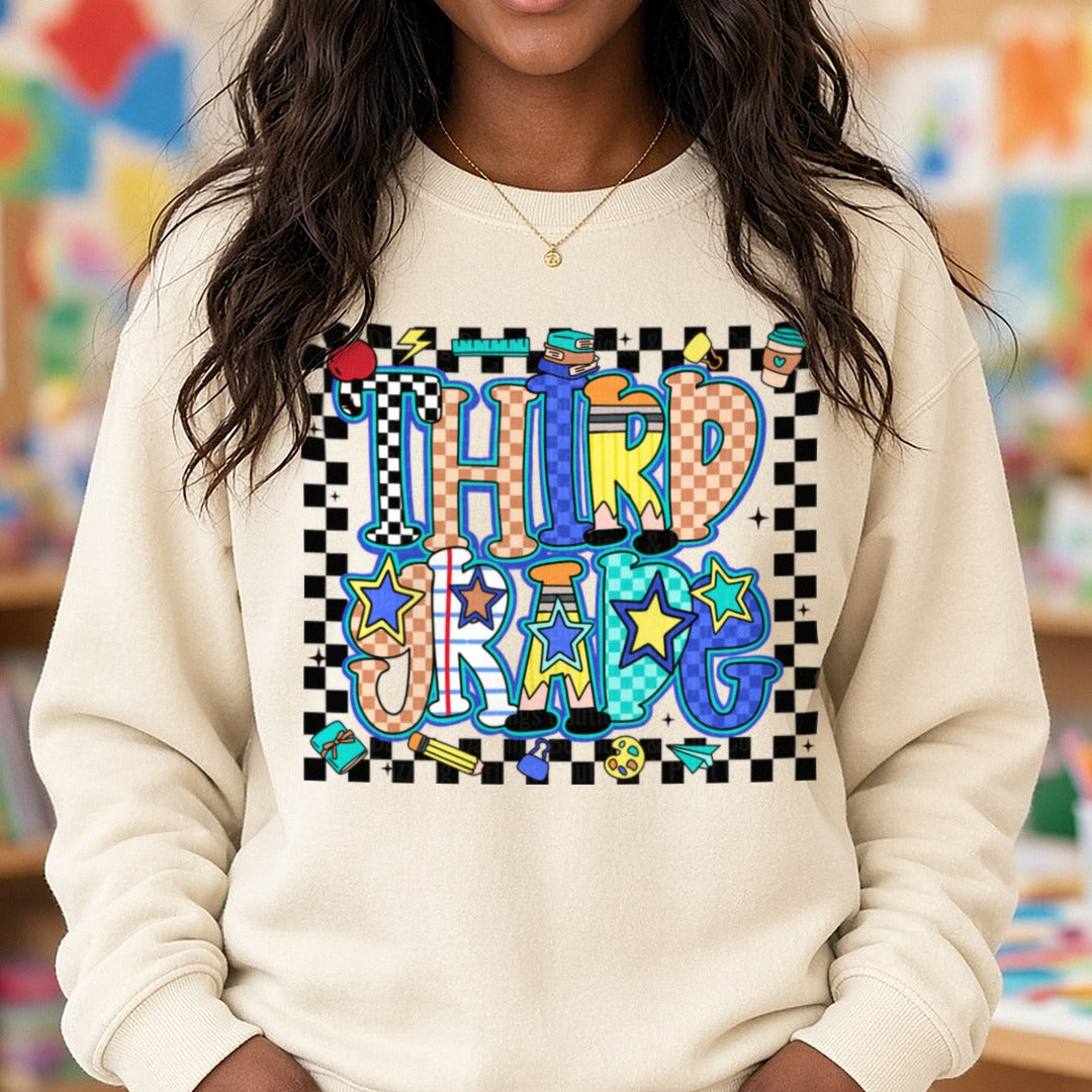 Third Grade Retro DTF transfer shown on a Comfort Colors sweatshirt