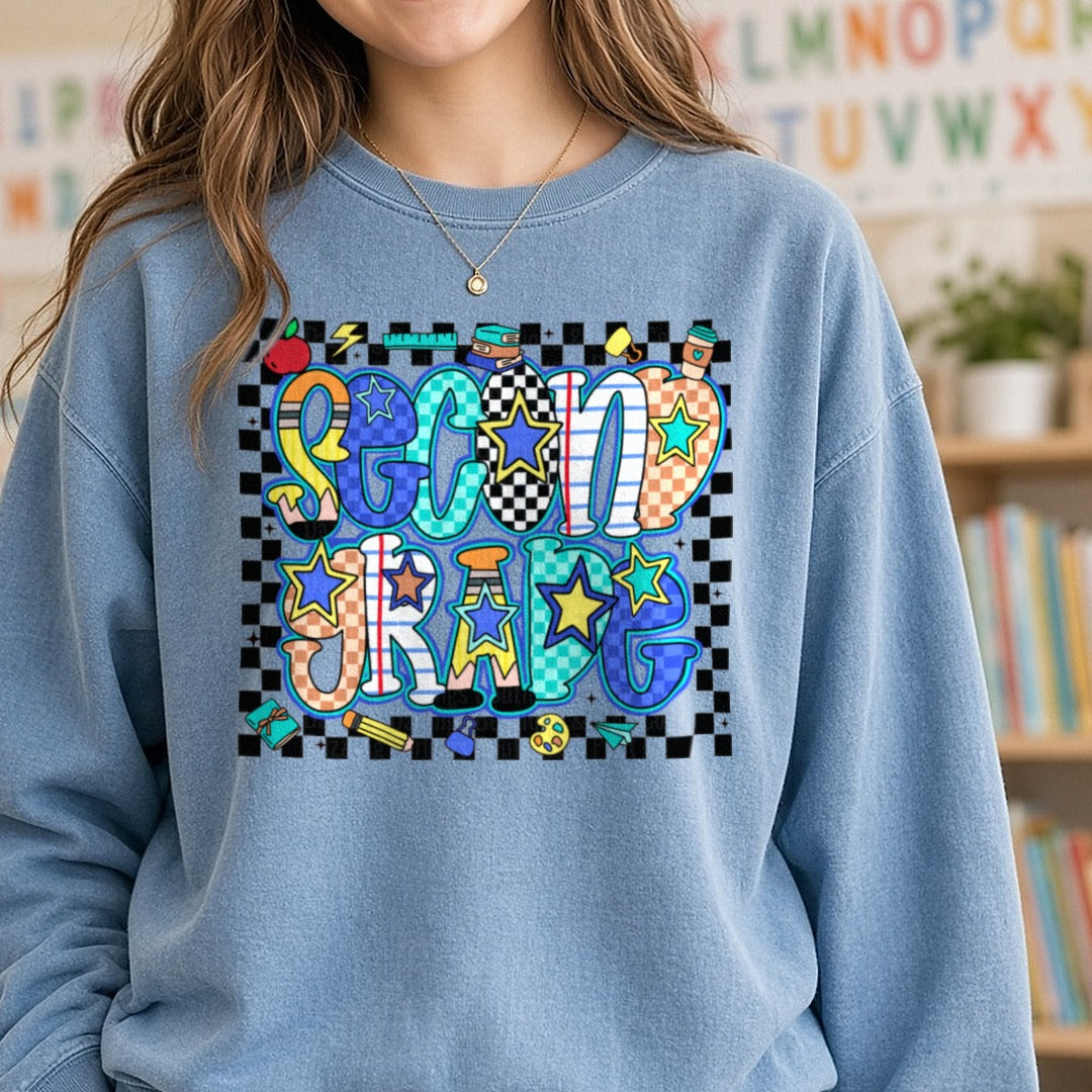 Second Grade Retro DTF transfer shown on a Comfort Colors sweatshirt