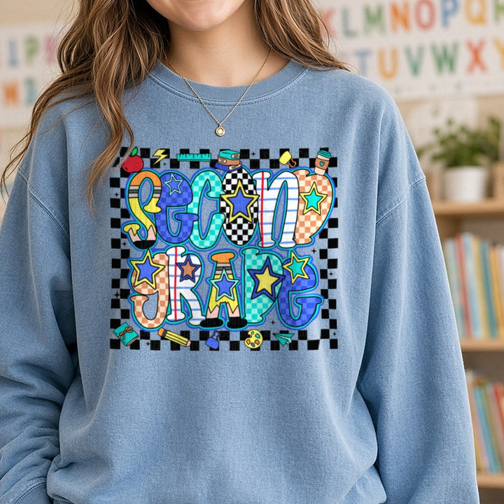 Second Grade Retro DTF transfer shown on a Comfort Colors sweatshirt