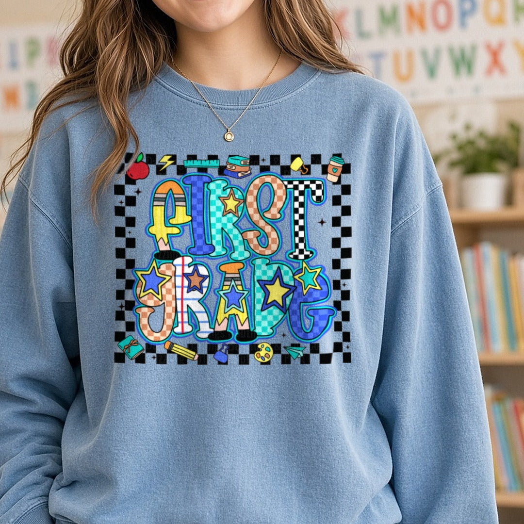 First Grade Retro DTF transfer shown on a Comfort Colors sweatshirt