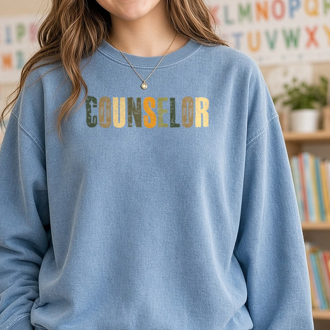 Counselor DTF transfer shown on a Comfort Colors sweatshirt