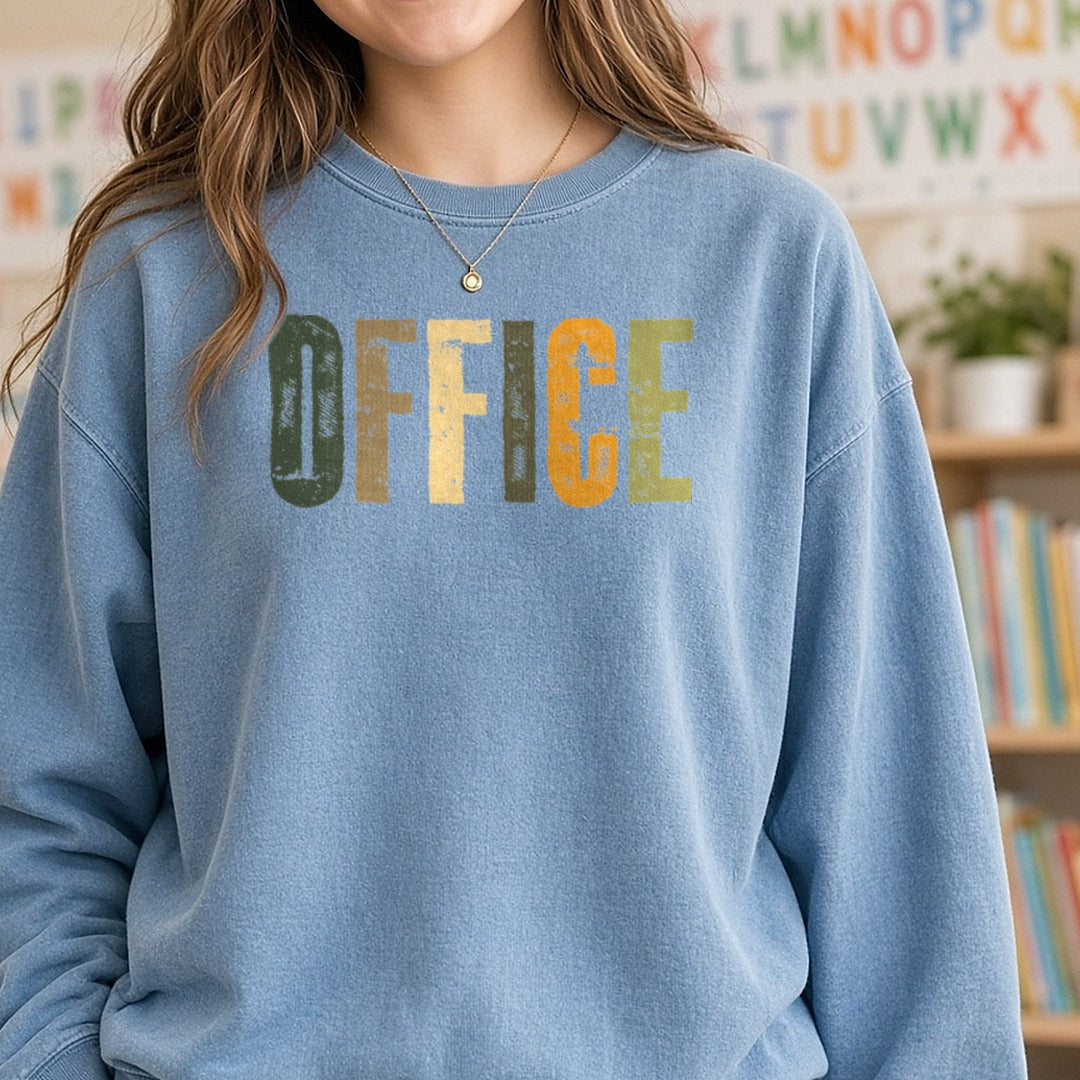 Office DTF transfer shown on a Comfort Colors sweatshirt