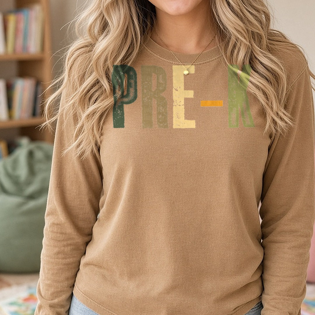 Pre-K DTF transfer shown on a Comfort Colors long sleeve tee