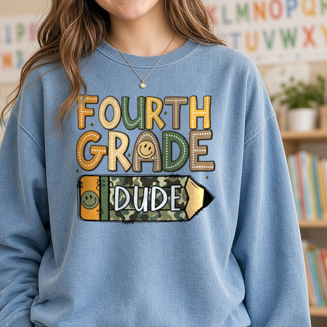 Fourth Grade Dude Camo Pencil DTF transfer shown on a Comfort Colors sweatshirt